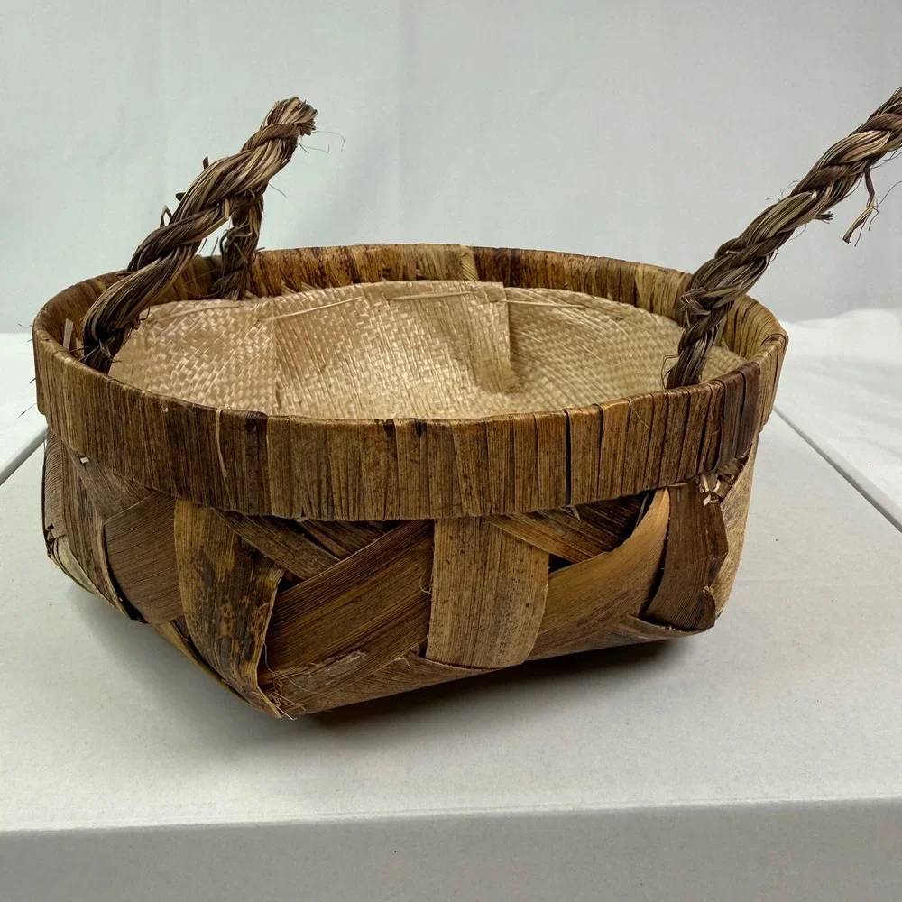 Hand Woven Natural Fiber Basket Rustic Brown Storage Decorative Twisted Handles